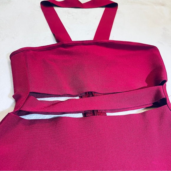 Burgundy Halter Bandage Cut Out Dress - Picture 2 of 7